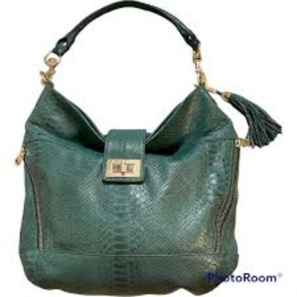 Rebecca Minkoff Handbags - Rebecca Minkoff Snakeskin Croc Embossed Forest Green Hobo Bag with Gold Accents